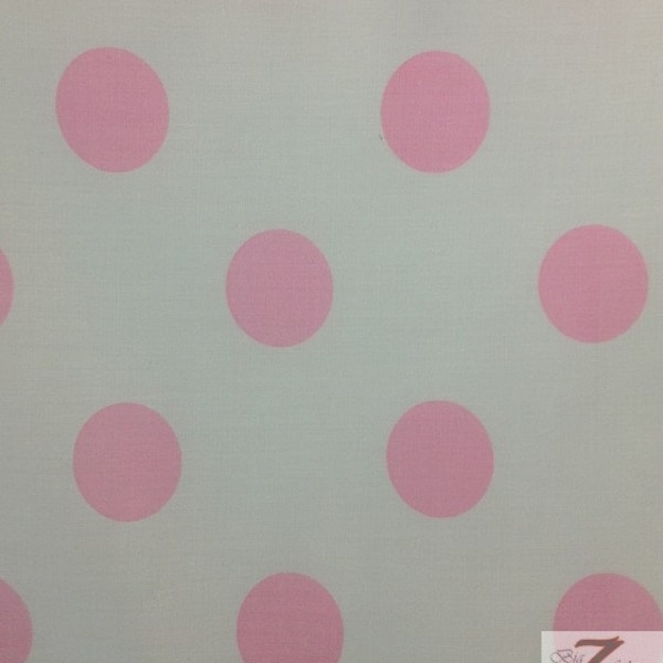 Big Polka Dot Polycotton Fabric - WHITE/LIGHT PINK Dots - Sold By The Yard - Poly Cotton