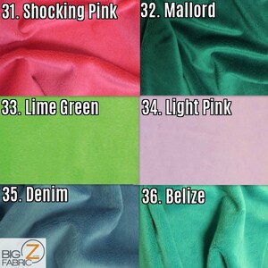 K&ouml;nnte beinhalten: Eine Stoffmuster-Anzeige mit sechs verschiedenen Farben: Shocking Pink, Mallord, Lime Green, Light Pink, Denim und Belize. Jedes Muster ist mit einer Nummer und dem Farbnamen beschriftet. Das Logo von Big Z Fabric befindet sich unten links.