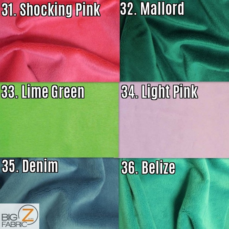 K&ouml;nnte beinhalten: Eine Stoffmuster-Anzeige mit sechs verschiedenen Farben: Shocking Pink, Mallord, Lime Green, Light Pink, Denim und Belize. Jedes Muster ist mit einer Nummer und dem Farbnamen beschriftet. Das Logo von Big Z Fabric befindet sich unten links.