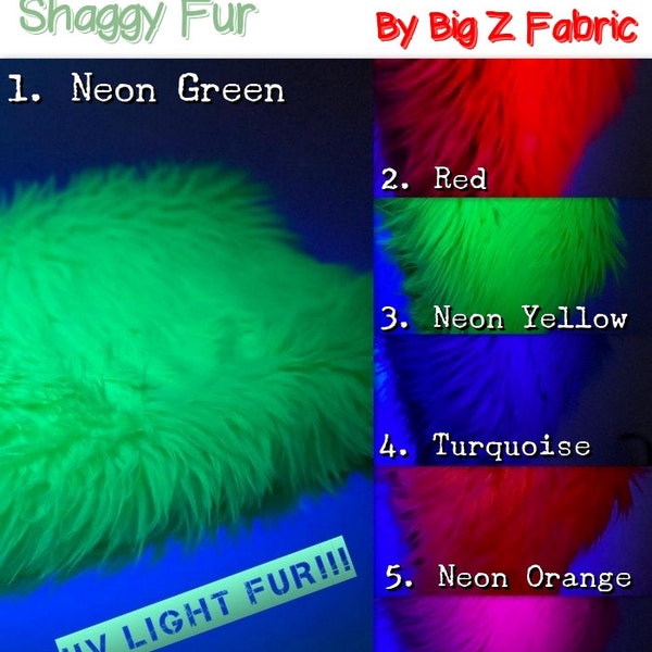 UV Reactive Solid Shaggy Faux Fur Fabric  - 6 COLORS - Sold By The Yard 64" Width DIY Coats Costumes Scarfs Throw Blankets