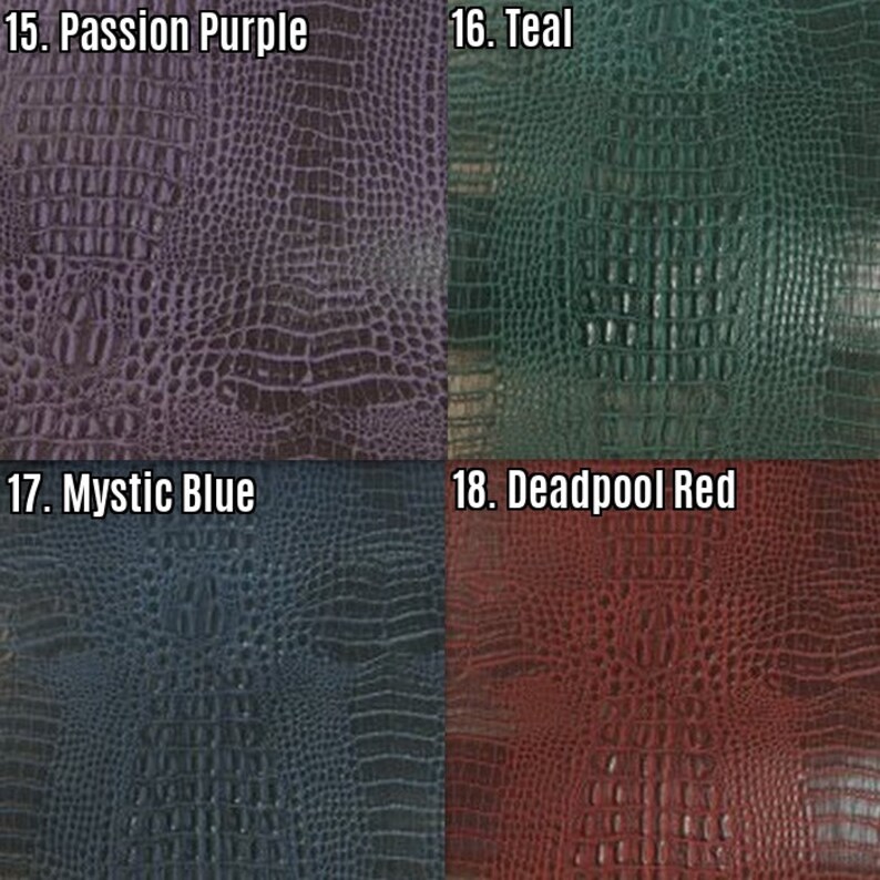 Op de afbeelding: Vier verschillende gekleurde swatches van kunstleer met een krokodilhuidpatroon. De swatches zijn gelabeld 15. Passion Purple, 16. Teal, 17. Mystic Blue en 18. Deadpool Red.