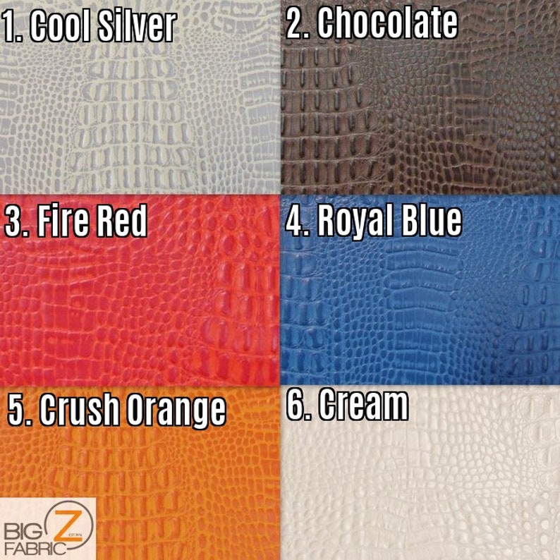Op de afbeelding: Zes verschillende kleurstalen van kunstleer met kroko-embossing. De kleuren zijn koel zilver, chocolade, vuurrood, koninklijk blauw, crush oranje en cr&egrave;me.