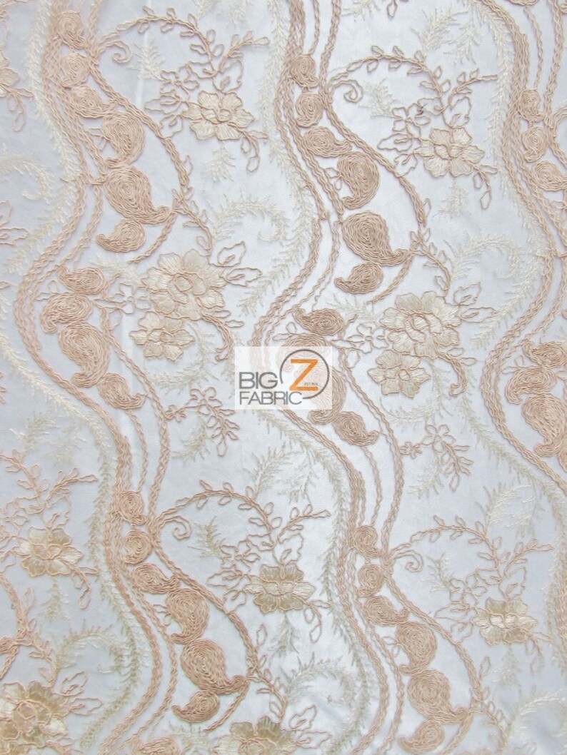 Romantic Detailed Floral Sheer Lace Fabric 48 Width Sold By The Yard Prom Gown Bridal PEACH