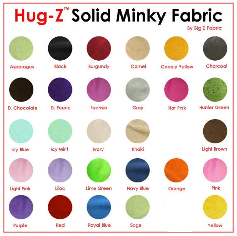 K&ouml;nnte beinhalten: Eine Farbkarte von Hug-Z Solid Minky Fabric von Big Z Fabric. Die Karte zeigt 30 verschiedene unifarbene Farben, darunter Asparagus, Black, Burgundy, Camel, Canary Yellow, Charcoal, D. Chocolate, D. Purple, Fuchsia, Gray, Hot Pink, Hunter Green, Icy Blue, Icy Mint, Ivory, Khaki, Light Brown, Light Pink, Lilac, Lime Green, Navy Blue, Orange, Pink, Purple, Red, Royal Blue, Sage und Yellow.