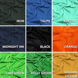 May include: Nine fabric swatches in shades such as Iron, Taupe, Arauba, Midnight Ink, Black, Orange, Lime Green, Kelly Green, and Golden Yellow. Each swatch has its colour name printed in white text.