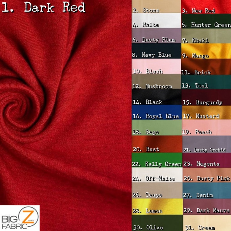 May include: A fabric swatch chart with 31 different colors. The colors are labeled with numbers and names. The chart is made of a soft, textured fabric.