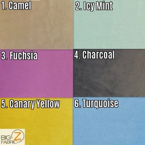 K&ouml;nnte beinhalten: Eine Farbkarte mit sechs Stoffmustern: Camel, Icy Mint, Fuchsia, Charcoal, Canary Yellow und T&uuml;rkis. Jedes Muster ist mit seinem Farbnamen in fetter, wei&szlig;er Schrift beschriftet. Das Big Z Fabric-Logo befindet sich unten links.
