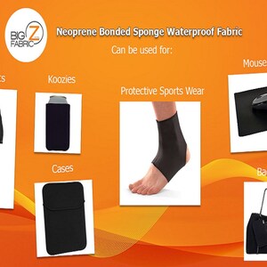 Puede incluir: Tela impermeable de neopreno y esponja unida, que se puede utilizar para trajes de neopreno, koozies, ropa deportiva protectora, estuches, alfombrillas de rat&oacute;n y bolsos. La tela es negra y tiene una textura lisa.