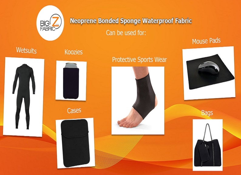 Puede incluir: Tela impermeable de neopreno y esponja unida, que se puede utilizar para trajes de neopreno, koozies, ropa deportiva protectora, estuches, alfombrillas de rat&oacute;n y bolsos. La tela es negra y tiene una textura lisa.