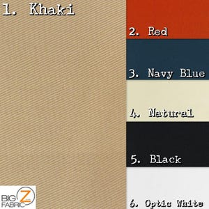 May include: Six fabric swatches in different colors: khaki, red, navy blue, natural, black, and optic white. The swatches are labeled with numbers 1 through 6.