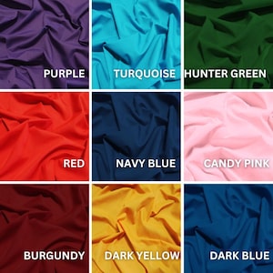 May include: Nine fabric swatches in various colors, including purple, turquoise, hunter green, red, navy blue, candy pink, burgundy, dark yellow, and dark blue. Each swatch has the color name printed in white.