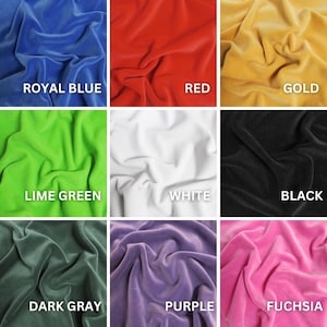 Könnte beinhalten: Eine Sammlung von neun Stoffmustern in verschiedenen Farben. Die Farben umfassen Königsblau, Rot, Gold, Limettengrün, Weiß, Schwarz, Dunkelgrau, Lila und Fuchsia. Auf jedem Muster ist der Name der Farbe aufgedruckt.