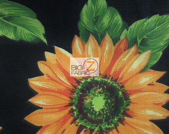 Poly Cotton Printed Fabric Sunflower Flower - BLACK - 58"/59" Width Sold By The Yard Decor Clothing Floral Theme Handkerchiefs Aprons