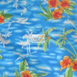 May include: Blue fleece fabric with a tropical print featuring palm trees, orange flowers, and green leaves. The fabric has a white, blurry background that resembles water.
