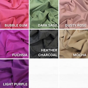 May include: Nine fabric swatches in different colors and textures. The swatches are arranged in a 3x3 grid. The colors are: Bubble Gum, Dark Sage, Dusty Rose, Fuchsia, Heather Charcoal, Mocha, Light Purple.