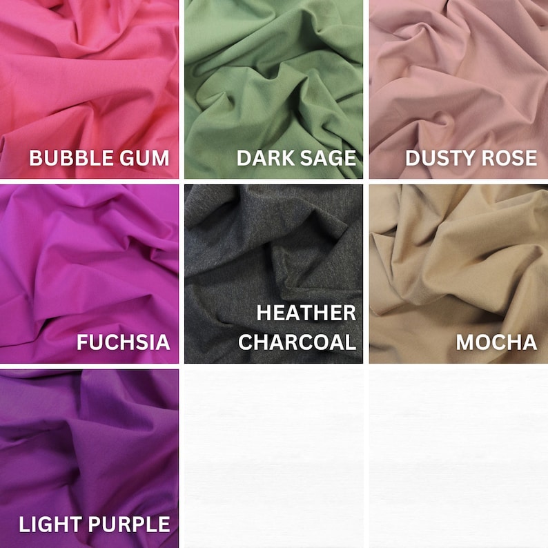 May include: Nine fabric swatches in different colors and textures. The swatches are arranged in a 3x3 grid. The colors are: Bubble Gum, Dark Sage, Dusty Rose, Fuchsia, Heather Charcoal, Mocha, Light Purple.