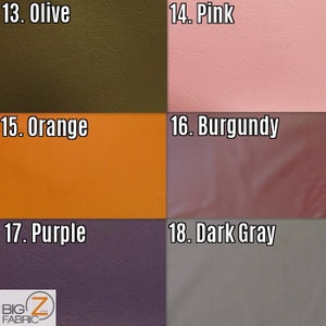 May include: A close-up of eight fabric swatches in different colors. The swatches are labeled with numbers and color names: 13. Olive, 14. Pink, 15. Orange, 16. Burgundy, 17. Purple, 18. Dark Gray.