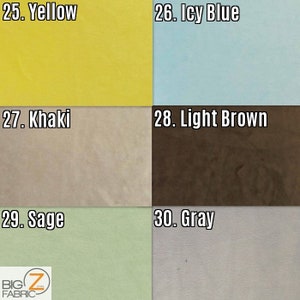 K&ouml;nnte beinhalten: Eine Stofffarbkarte mit sechs Farbfeldern: Gelb, Eisblau, Khaki, Hellbraun, Salbei und Grau. Jedes Farbfeld ist mit seinem Farbnamen und seiner Nummer beschriftet. Das Logo von Big Z Fabric befindet sich unten links.