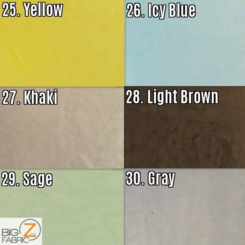 K&ouml;nnte beinhalten: Eine Stofffarbkarte mit sechs Farbfeldern: Gelb, Eisblau, Khaki, Hellbraun, Salbei und Grau. Jedes Farbfeld ist mit seinem Farbnamen und seiner Nummer beschriftet. Das Logo von Big Z Fabric befindet sich unten links.