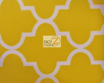 May include: Yellow fabric with a white geometric pattern. The pattern is a repeating design of interlocking squares and arches. The fabric is textured and has a slight sheen.