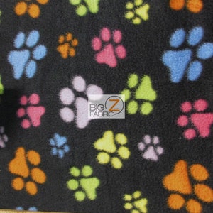 Fleece Printed Fabric - Multi-Color Paw Print Black - Sold By The Yard Warm Blanket Decor Anti-Pill Clothing Sweaters