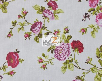 Poly Cotton Printed Fabric Daffodils Flower - RED - 58"/59" Width Sold By The Yard