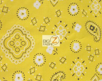 Poly Cotton Printed Fabric Paisley Bandanna - YELLOW - 58"/59" Width Sold By The Yard Clothing Decor Knits