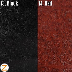 May include: Close-up of two fabric swatches with an embossed floral pattern. The swatch on the left is black and the swatch on the right is red. The text "13. Black" is above the black swatch and the text "14. Red" is above the red swatch.