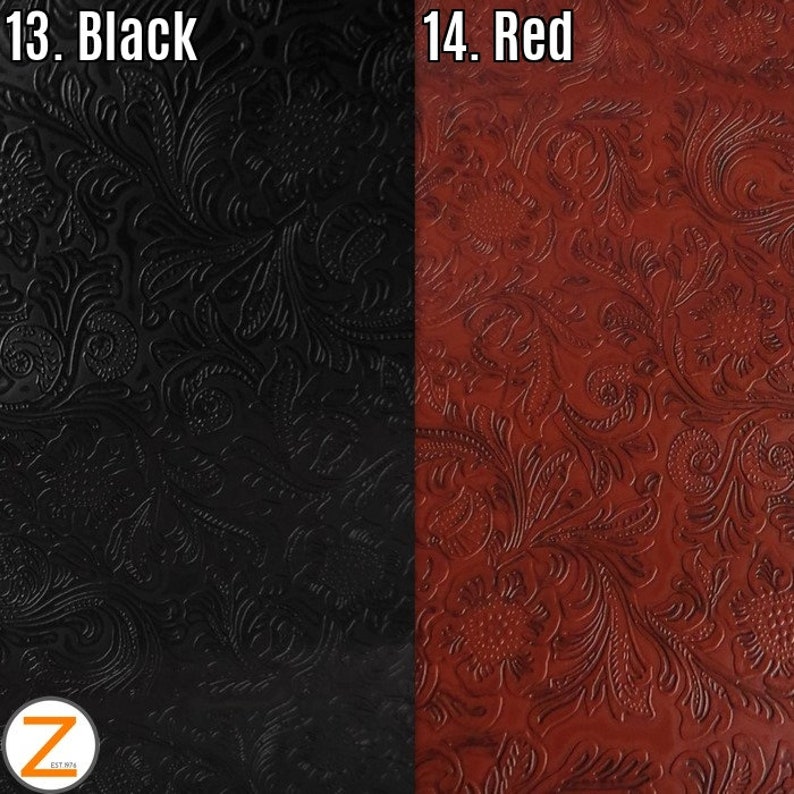 May include: Close-up of two fabric swatches with an embossed floral pattern. The swatch on the left is black and the swatch on the right is red. The text "13. Black" is above the black swatch and the text "14. Red" is above the red swatch.