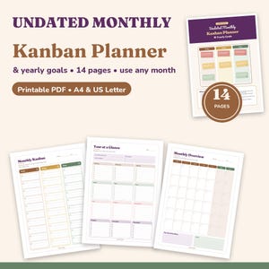 Könnte beinhalten: Ein undatierter monatlicher Kanban-Planer mit Jahreszielen, bestehend aus 14 Seiten als druckbares PDF für A4 und US Letter. Das Dokument enthält Layouts für ein monatliches Kanban-Board, eine Jahresübersicht und einen Monatsüberblick.