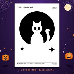 May include: A white paper stencil titled 3. Black Cat on the Moon with a medium difficulty rating. The design features a large black circle representing the moon, a white cat silhouette, and two small black stars. Includes instructions at the bottom.
