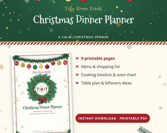 May include: A printable Christmas Dinner Planner PDF with 9 pages, featuring a green wreath graphic, menu, shopping list, cooking timeline, oven chart, table plan, and leftover ideas. The text reads Tidy Home Finds, Christmas Dinner Planner.