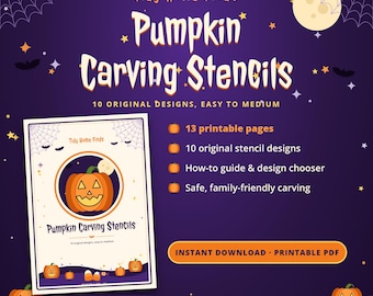 May include: A digital flyer for Tidy Home Finds Pumpkin Carving Stencils featuring 13 printable pages, 10 original designs, a how-to guide, and a design chooser. The purple background displays spiderwebs, bats, and a full moon.