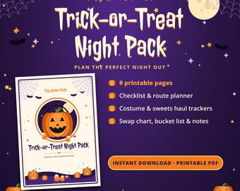 May include: A digital Trick-or-Treat Night Pack by Tidy Home Finds featuring 9 printable pages including a checklist, route planner, costume and sweets haul trackers, swap chart, bucket list, and notes, displayed on a purple Halloween background.
