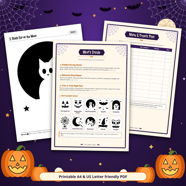 May include: A set of printable Halloween activity sheets featuring a black cat on the moon stencil, a What's Inside guide, and a Menu and Treats Plan. The pages include pumpkin carving stencils, party planning checklists, and trick-or-treat trackers.