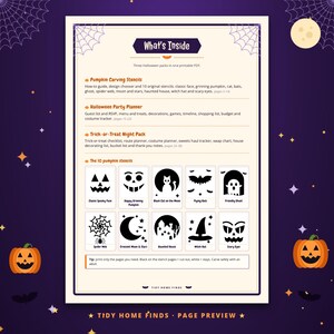 May include: A printable PDF document titled What's Inside, featuring three Halloween packs: pumpkin carving stencils, a party planner, and a trick-or-treat pack. It includes ten black and white stencil designs like a cat, ghost, and spider web.