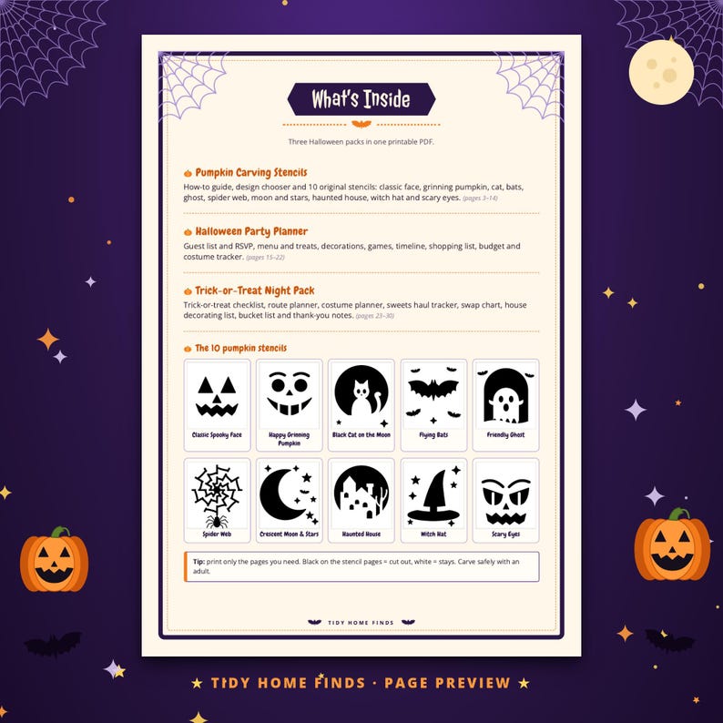 May include: A printable PDF document titled What's Inside, featuring three Halloween packs: pumpkin carving stencils, a party planner, and a trick-or-treat pack. It includes ten black and white stencil designs like a cat, ghost, and spider web.