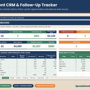 Client CRM Spreadsheet & Follow Up Tracker, Lead Tracker, Sales Pipeline, Lead Source Report, Excel 365 + Google Sheets