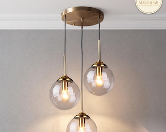 Amber Glass Globe Pendant Light, Modern Nordic Copper Chandelier for Kitchen Island & Boho Bedroom