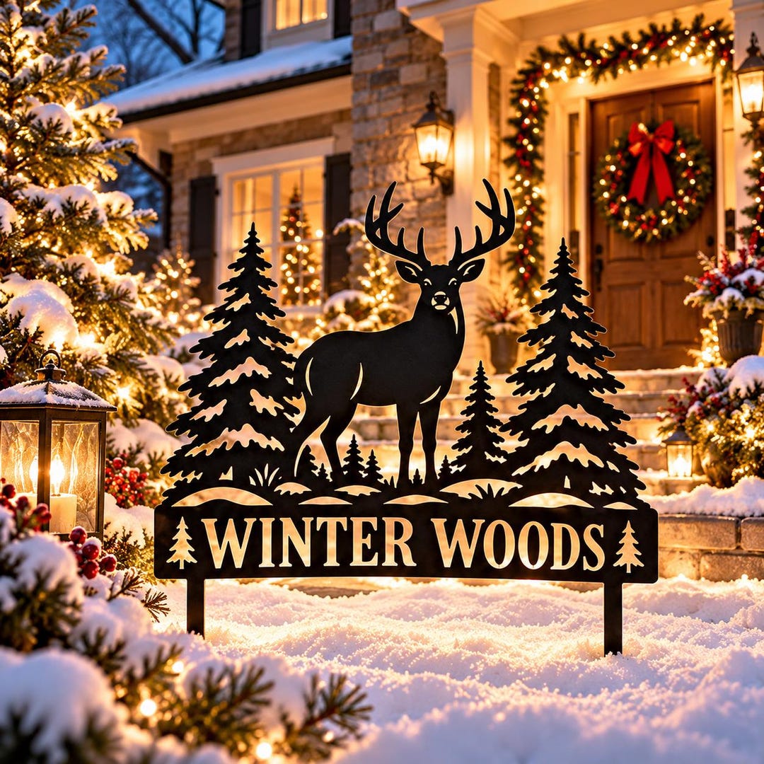 Rustic Outside Signs Winter Woods Metal Yard Sign, Deer Christmas Garden Stake, Rustic ...