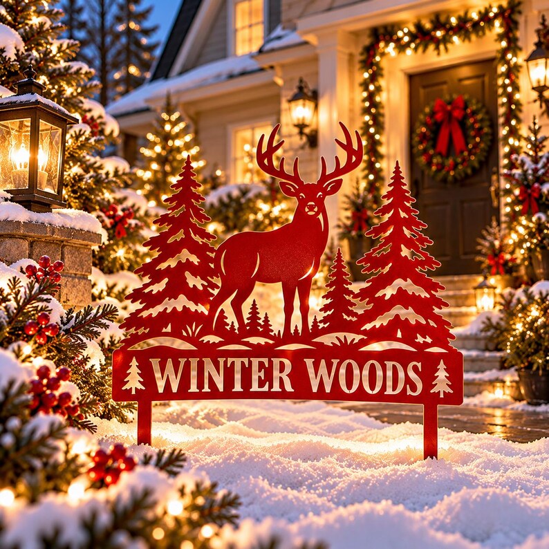 Rustic Outside Signs Winter Woods Metal Yard Sign, Deer Christmas Garden Stake, Rustic ...