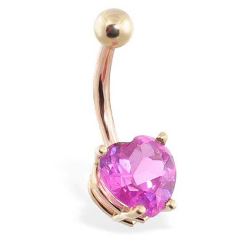 Yellow or White gold Free Shipping 14K Solid Gold Belly Ring with Pink tourmaline 8mm heart