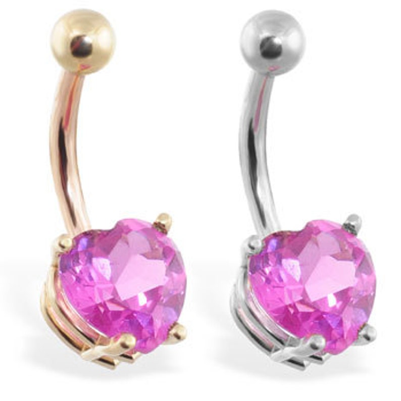Yellow or White gold Free Shipping 14K Solid Gold Belly Ring with Pink tourmaline 8mm heart