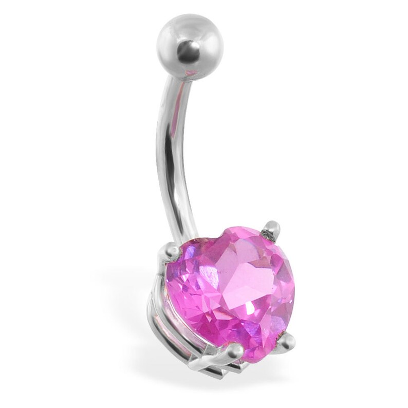 Yellow or White gold Free Shipping 14K Solid Gold Belly Ring with Pink tourmaline 8mm heart