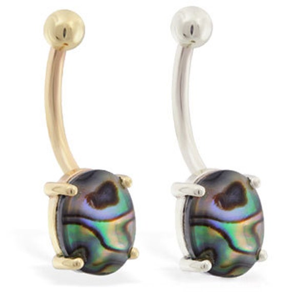 14K Solid Gold Nickel free belly ring with Natural Abalone Etsy