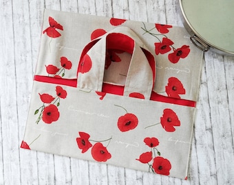 Pie bag, Casserole carrier in cotton canvas, red poppies fabric pattern