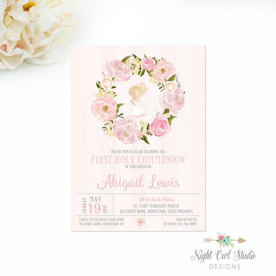 First Communion Invitation, Girl Communion Invite, Pink Floral Communion, First Holy Communion, Pink Florals Il_570xn