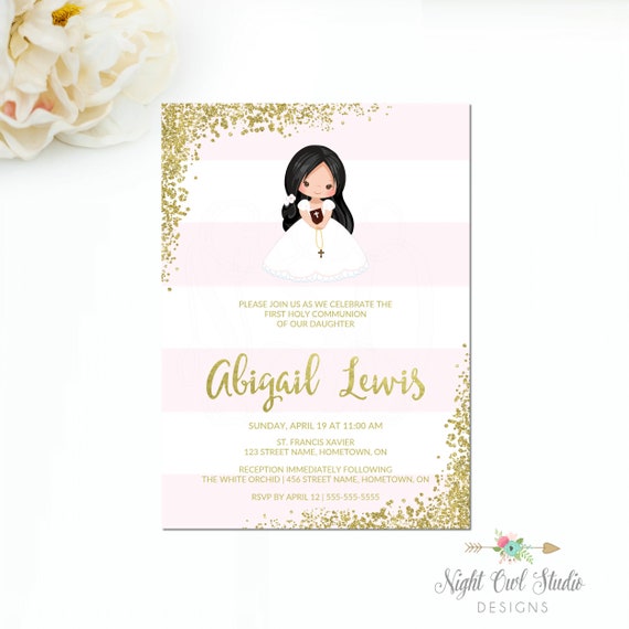 First Communion Invitation, Girl Communion Invite, Pink and Gold, Girl Communion Invitation, Pink and Gold Communion Invitation Il_570xn