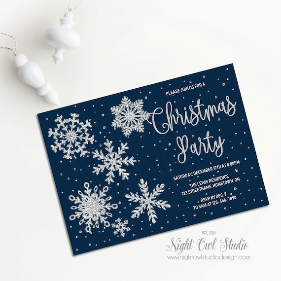 Christmas Party Invitation | Holiday Party Invite | Corporate Holiday Party Invitation | Silver Glitter Snowflakes | Navy and Gold Invite Il_570xn