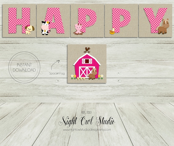 Farm Animal Banner, Barnyard Birthday Banner, Down on the Farm, Pink Farm Party Banner, Pink Farm, Girl Farm Animals Il_570xn